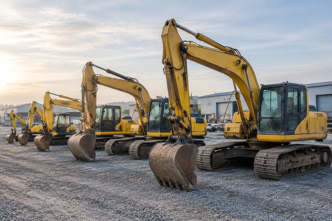 Rows of used excavators in the yard at dawn