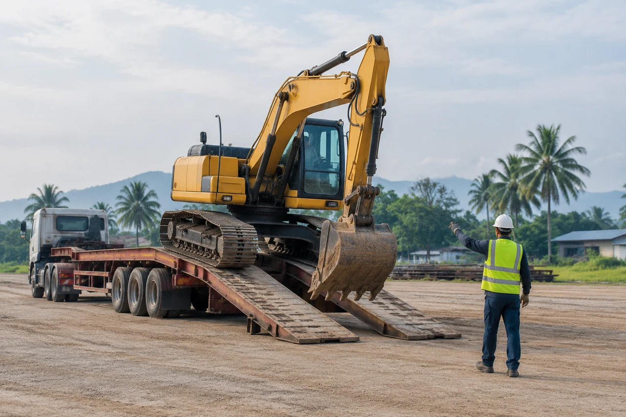 Excavator working on site at sunrise
